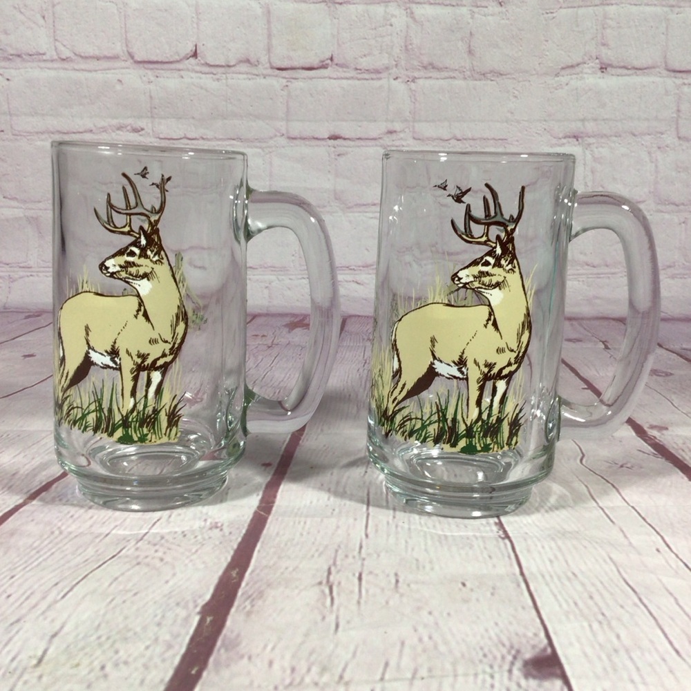 Vintage Whitetail Deer Heavy Glass Stein Mugs - Signed D. Miller